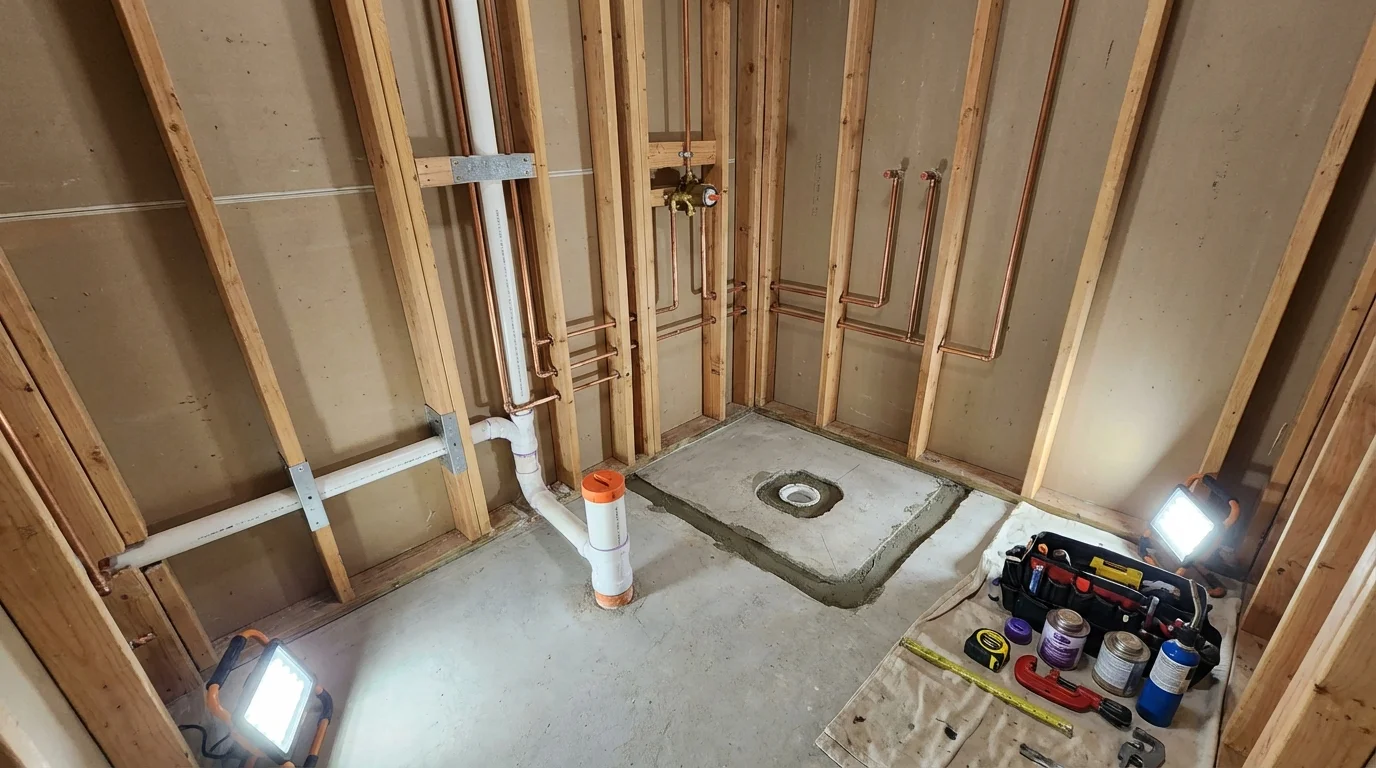 Bathroom rough-in plumbing during remodel by Johns Plumbing LLC in Metter