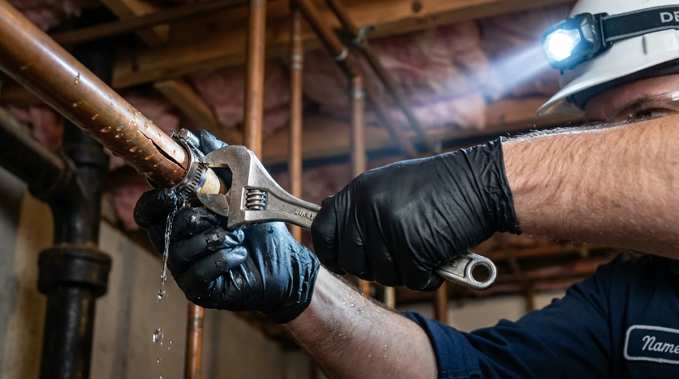 Emergency pipe clamp repair being performed by a Johns Plumbing LLC plumber in Metter
