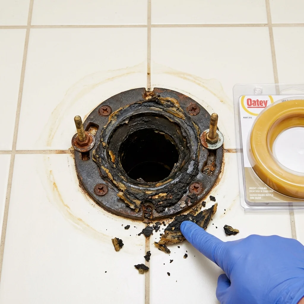 Failed wax ring showing water seepage at the base of a toilet in a Metter, GA home