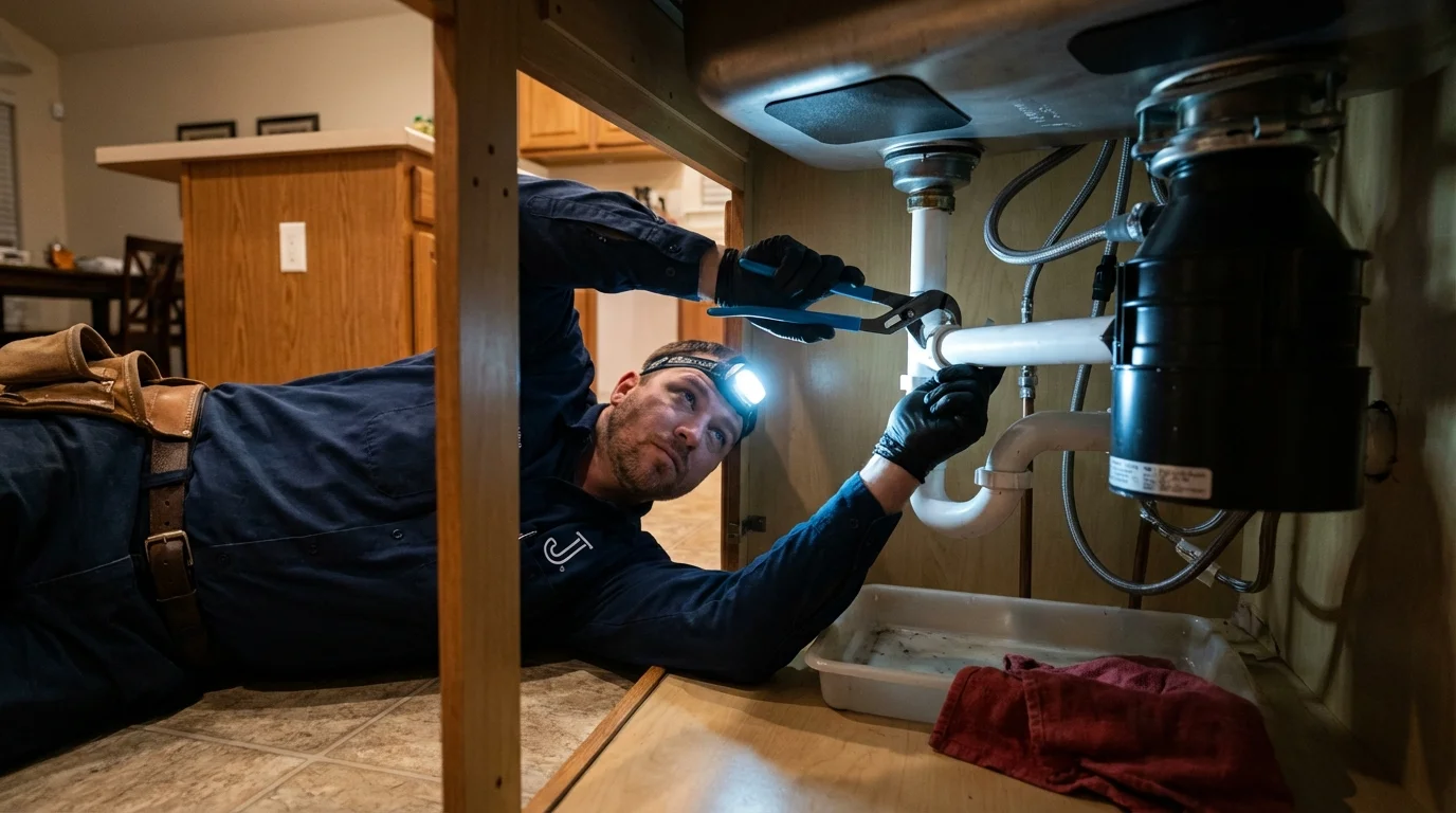 P-trap and supply line connections under a kitchen sink showing a common leak point in Metter, GA